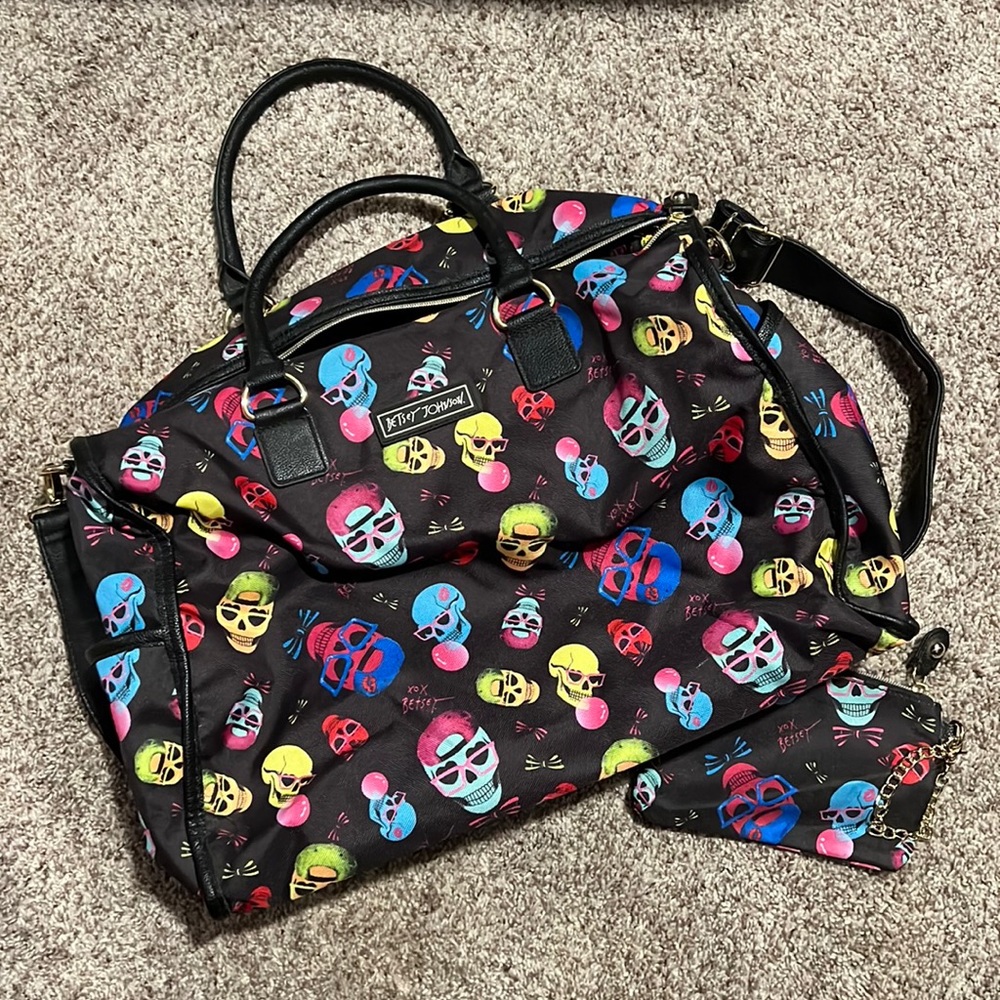 Betsey Johnson weekender travel duffle bag with strap and matching wrist wallet